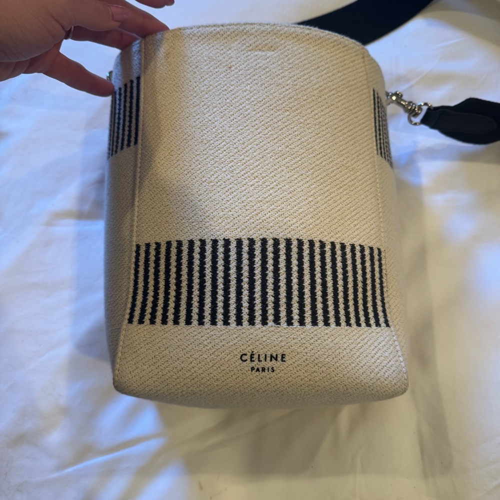Celine Women Sangle Small Bucket Bag in Textured Canvas - White and Black - Picture 2 of 9